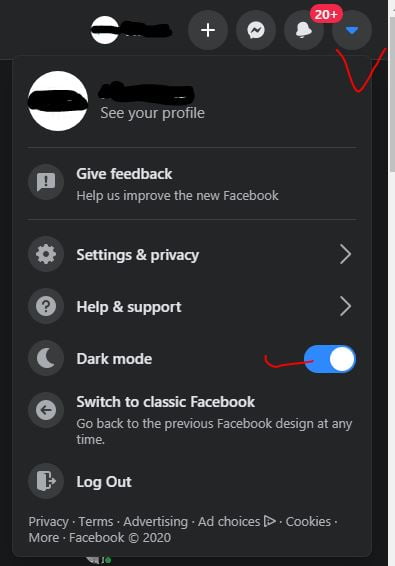 Facebook one click Light or Dark Mode
